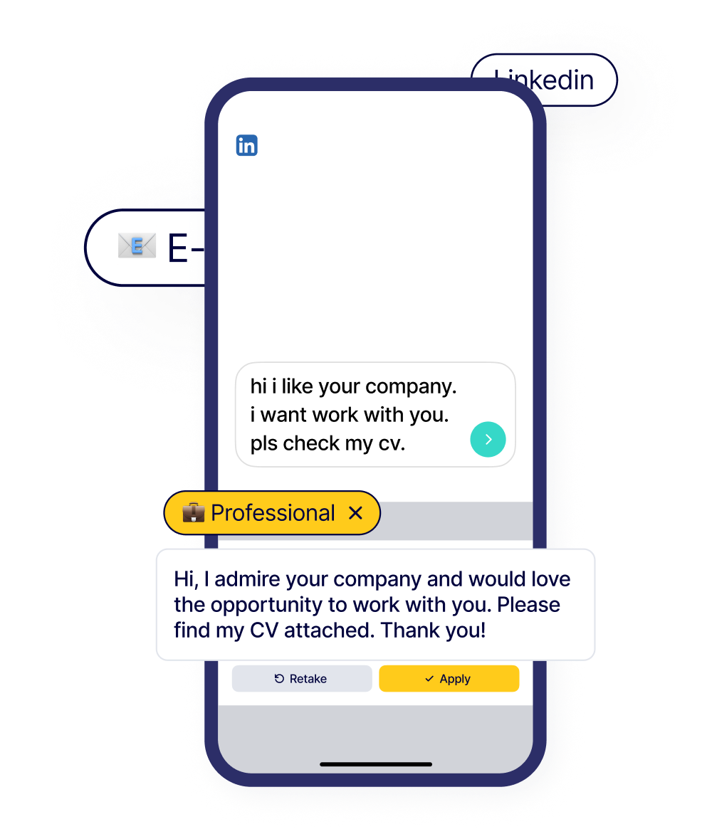 MangoPad rewriting a LinkedIn message in a professional tone on iPhone