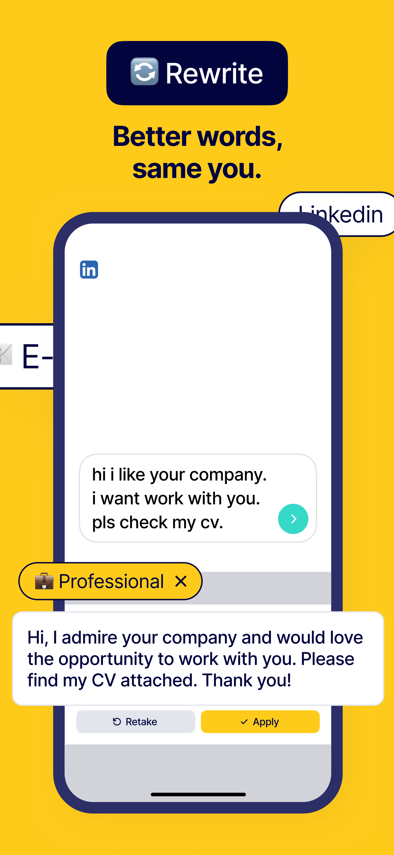 MangoPad AI keyboard rewriting text on iPhone with tone selection